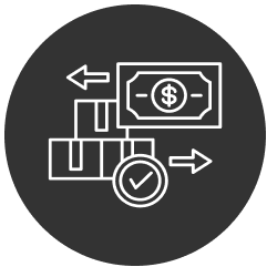 Icon with dollar bill, boxes, checkmark and arrows, to represent an exchange