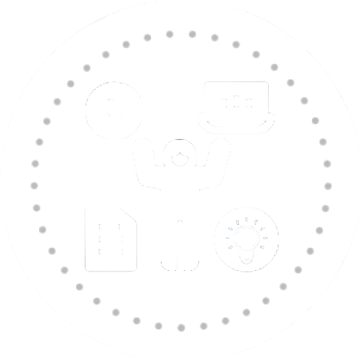 Icon with person with objects around them, including a computer, document, and light bulb