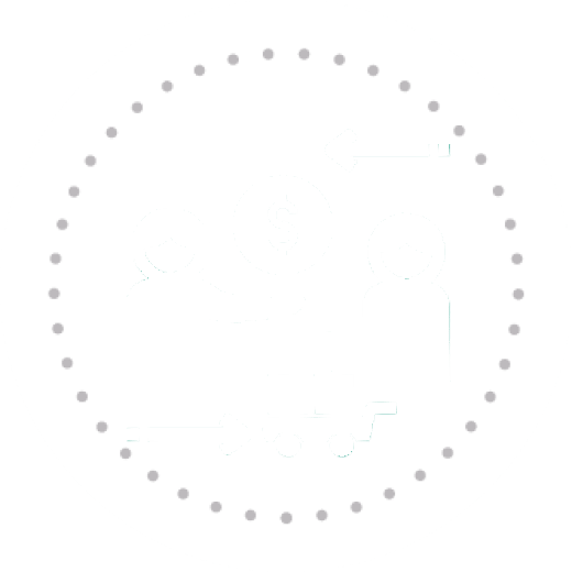 Icon with people, dollar symbol, and boxes on a trolly, as if representing an exchange