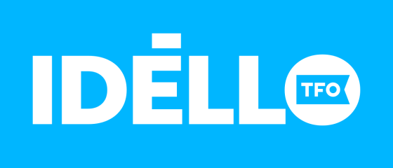 IDÉLLO logo, which is white lettering on a blue background with TFO is a circle