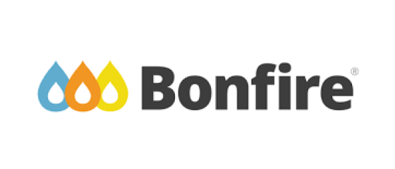 Bonfire wordmark with logo, which is three droplets in blue, orange, and yellow