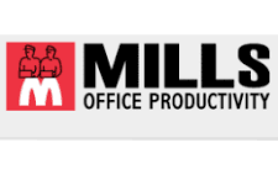 Mills Office Productivity Logo with red background and black markings
