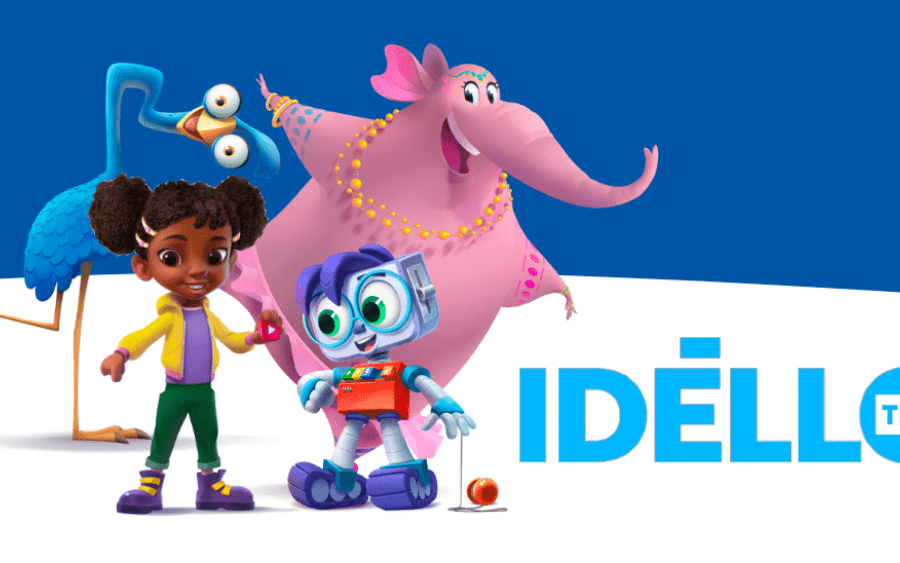 Cartoon bird, girl, robot, elephant and IDÉLLO wordmark