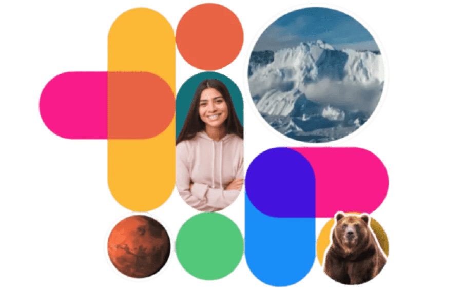 woman, mountain, bear, and coloured shapes