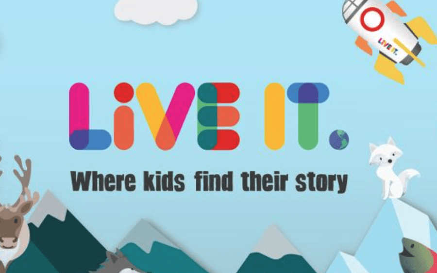 Illustrations of deer, cloud, mountains, space ship, fox, salmon and Live it earth wordmark with "Where kids find their story"