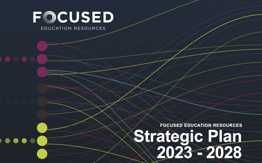 Strategic Plan 2023-28 Cover, Data set analysis and visualization. Abstract business analytics. An array of information in the form of waves. Large data stream on a dark background, glowing lines and circles