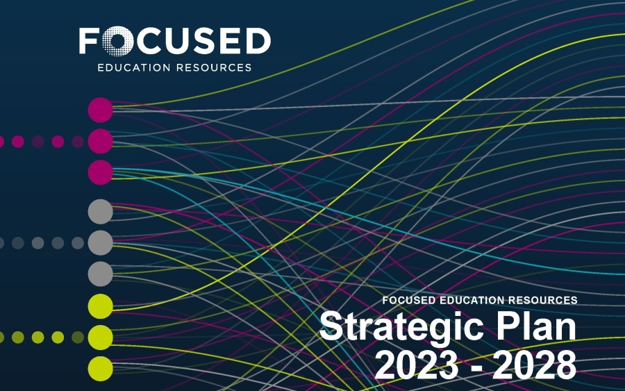 Strategic Plan 2023-28 Cover, Data set analysis and visualization. Abstract business analytics. An array of information in the form of waves. Large data stream on a dark background, glowing lines and circles