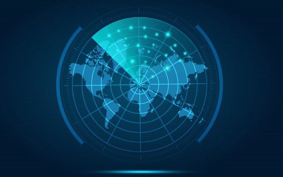 A radar-like screen displays a circular graph of the world, with hotspots revealed as the scanner sweeps across it in a counter clockwise direction. 